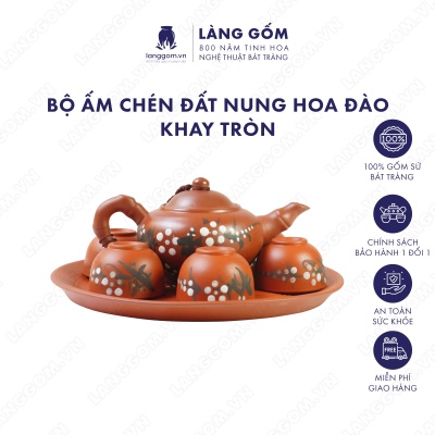 Bộ ấm chén hoa đào men mộc kèm khay tròn