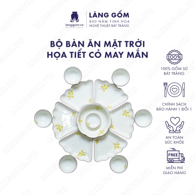 Bộ bàn ăn mặt trời men trắng họa tiết cỏ may mắn 