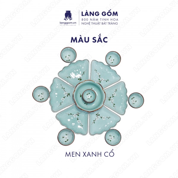 Bộ bàn ăn mặt trời men xanh cổ hoa đào 