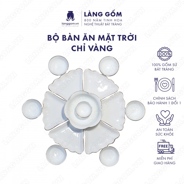 Bộ bàn ăn mặt trời men trắng vẽ chỉ vàng 