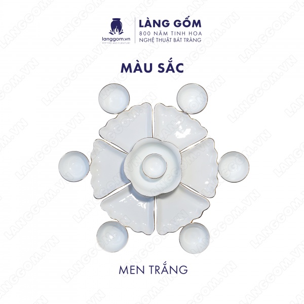 Bộ bàn ăn mặt trời men trắng vẽ chỉ vàng 