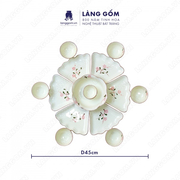 Bộ bàn ăn mặt trời men trắng vẽ đào hồng 