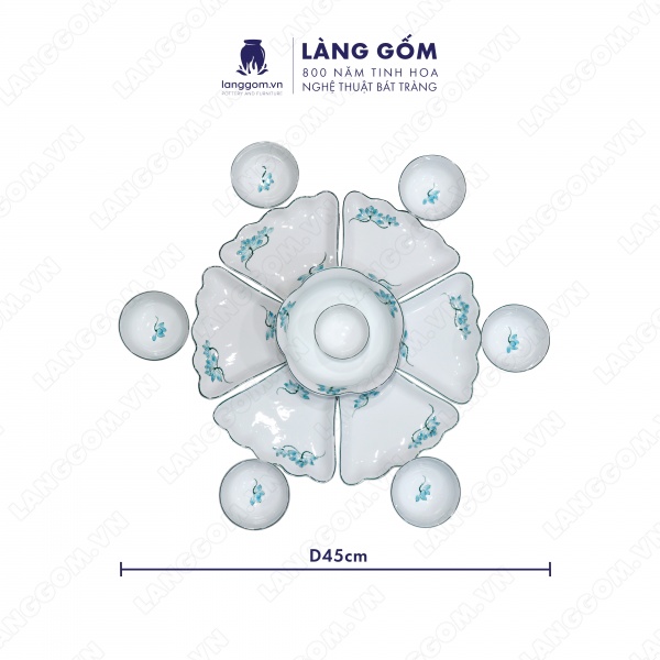 Bộ bàn ăn mặt trời men trắng vẽ hoa sen xanh 